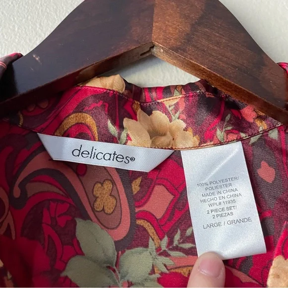 DELICATES Floral Paisley 70s Satin Loungewear Pajama Set Women's Size L - Picture 3 of 11